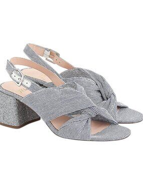 NIB J Crew Twisted-Knot Penny Shoes Sandals in Stripe with Glitter Heel Size 7